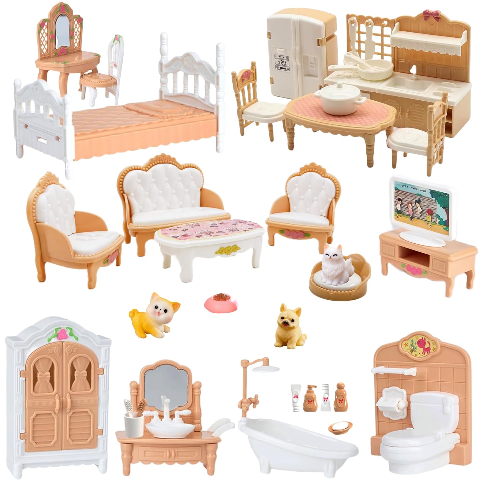 36Pcs Dollhouse Furniture Set,Miniature 1:12 Scale Dolls House Accessories with Cat,Dog,Kitchen, Dining Room, Living Room,Bedroom for Playhouse
