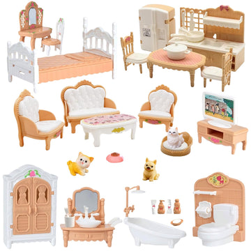 36Pcs Dollhouse Furniture Set,Miniature 1:12 Scale Dolls House Accessories with Cat,Dog,Kitchen, Dining Room, Living Room,Bedroom for Playhouse