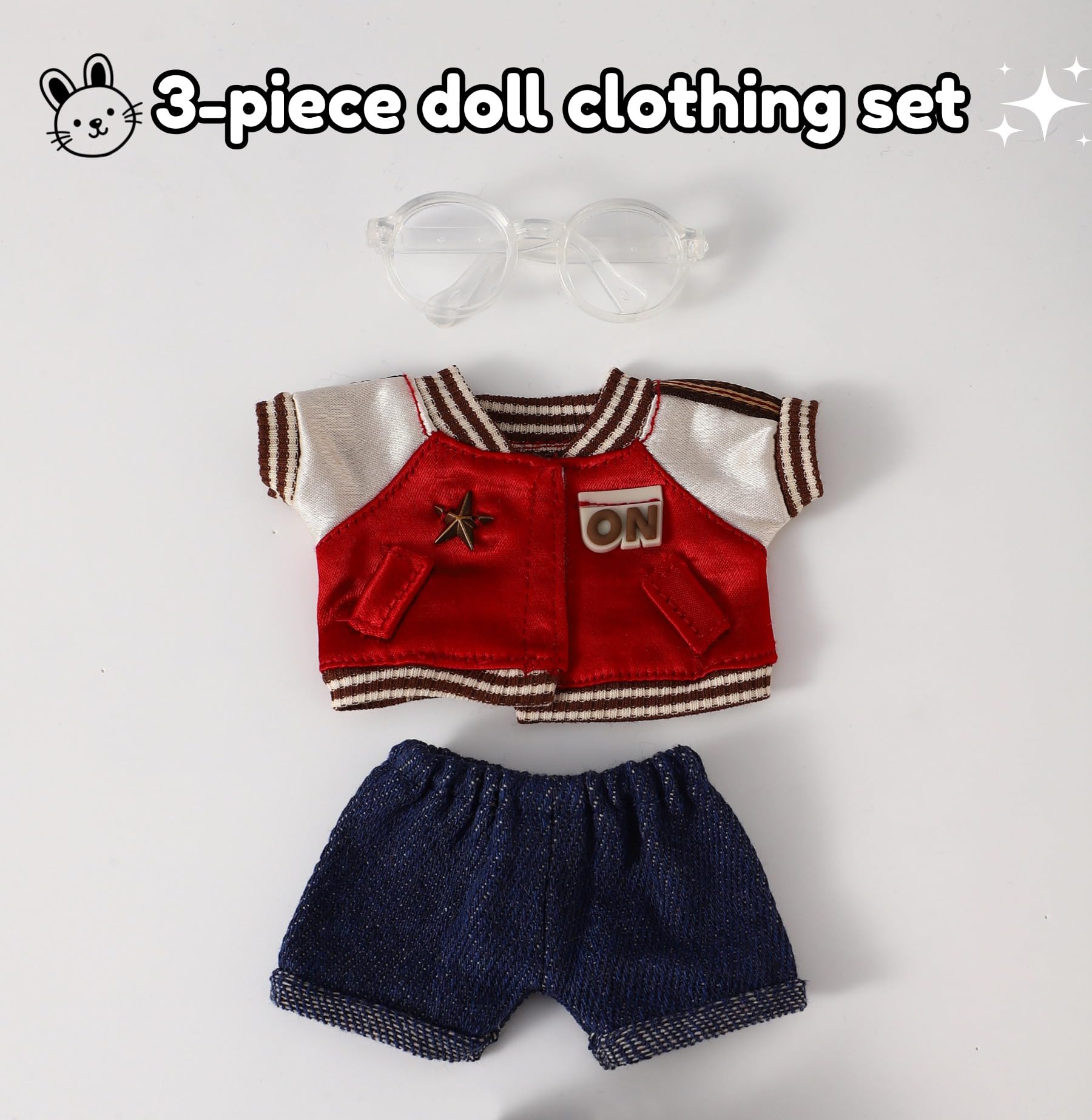 3-Piece 17cm Doll Outfit Set - Transparent Glasses, Baseball Jacket, Denim Pants - Red Sporty Style for Collectible Figures Accessories Clothes (No