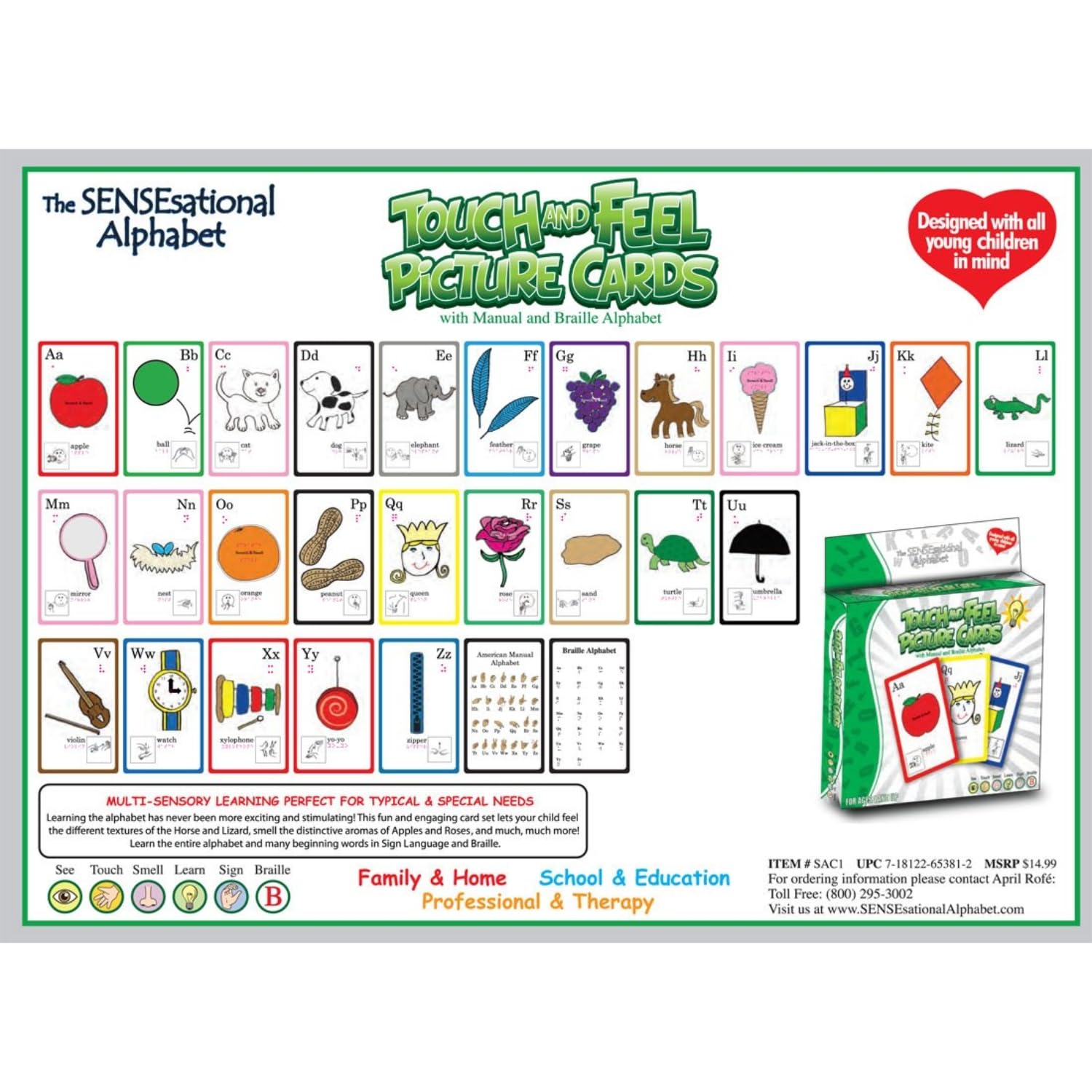 The Sensesational Alphabet Touch and Feel Flash Cards for 1 Year Old and Above - Multi-Sensory Cards for Toddlers and Kids with Braille and ASL