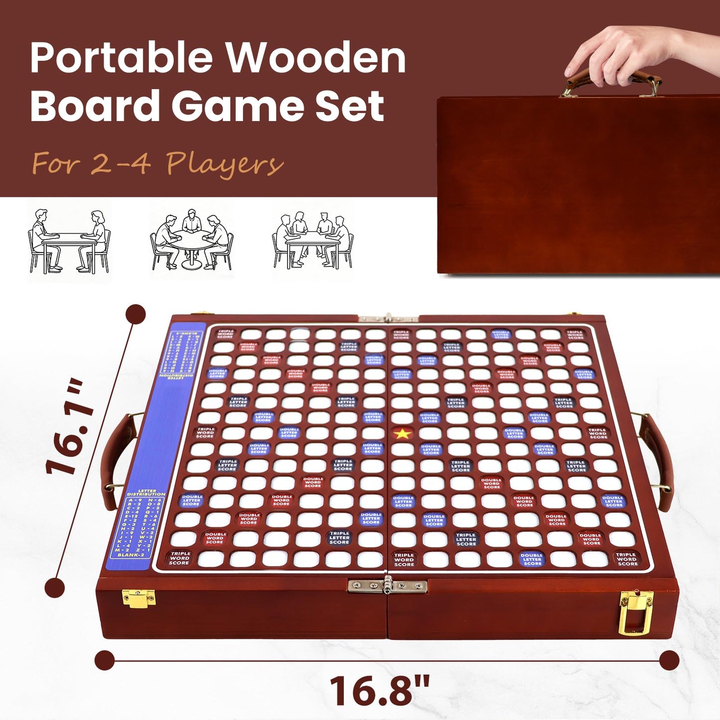 Deluxe Wooden Crossword Board Game with Rotating Board, Foldable & Portable Design, Large-Sized Board, Built-in Storage, for 2-4 Players, Includes