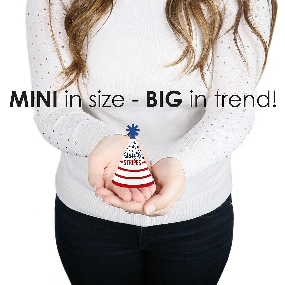 Big Dot of Happiness Stars and Stripes - Mini Cone Memorial Day, 4th of July and Labor Day USA Patriotic Party Hats - Small Little Party Hats - Set