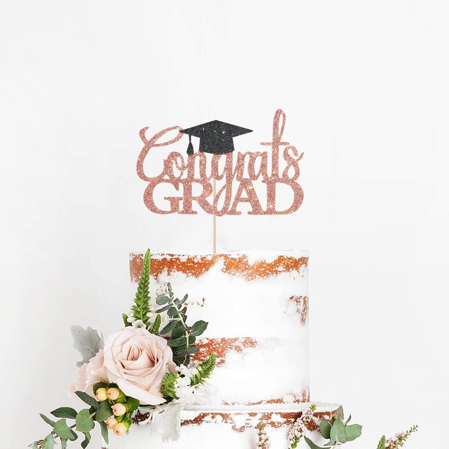 Rose Gold Glitter Congrats Grad Cake Topper - 2026 Graduation Decorations - High School Graduation, College Graduate Cake Topper