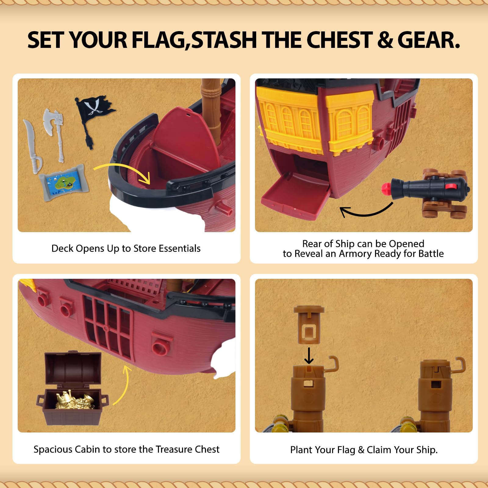 Goldlok Pirate Ship Adventure Playset with Lights and Sounds - Includes 2 Pirate Figures, Treasure Chest & Cannons - Pretend Play Gift for Kids Ages