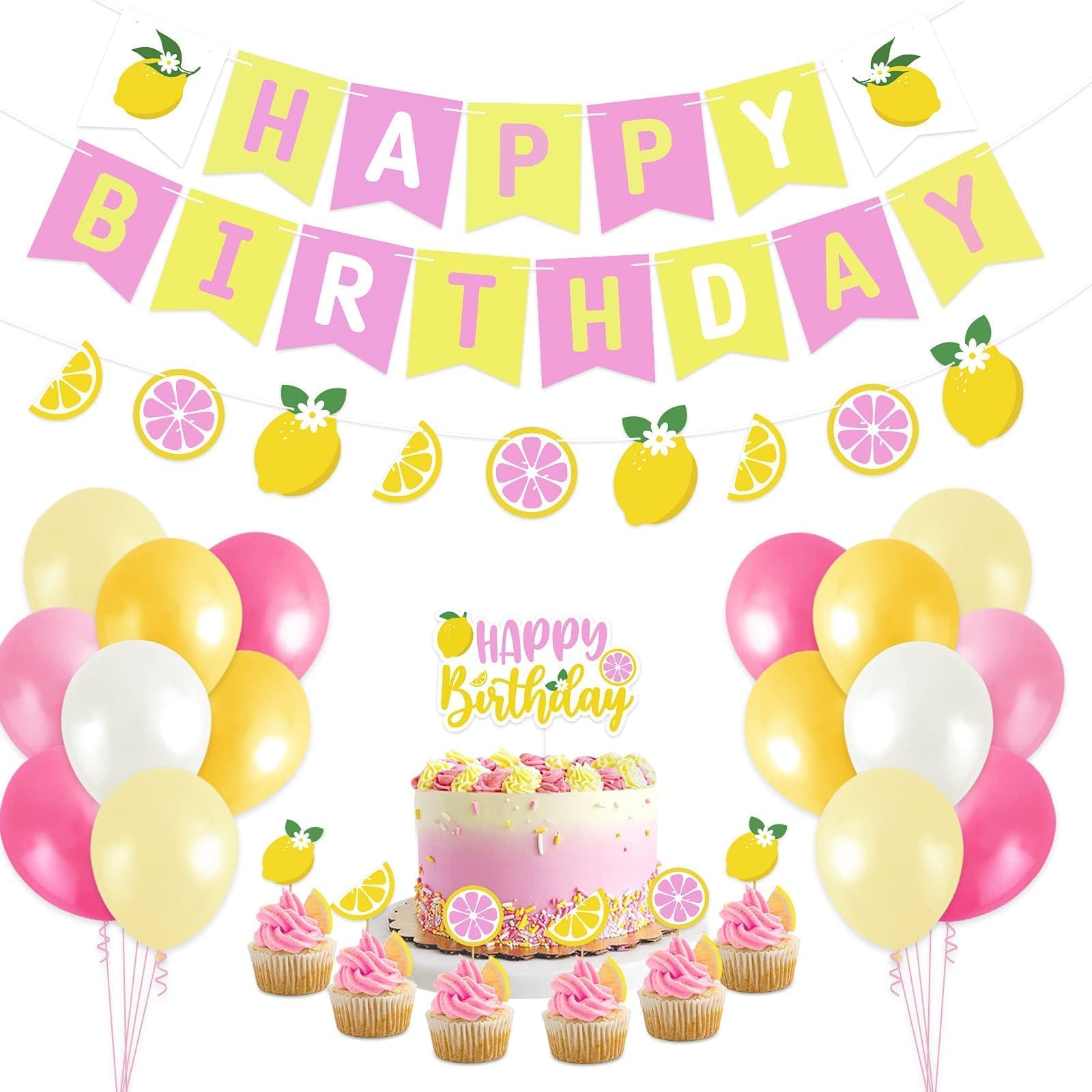 Lemon Party Decorations Happy Birthday Banner Lemon Garland Lemonade Cake Topper Cupcake Toppers Balloons for Lemonade Theme Birthday Party Supplies