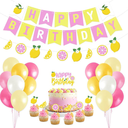 Lemon Party Decorations Happy Birthday Banner Lemon Garland Lemonade Cake Topper Cupcake Toppers Balloons for Lemonade Theme Birthday Party Supplies
