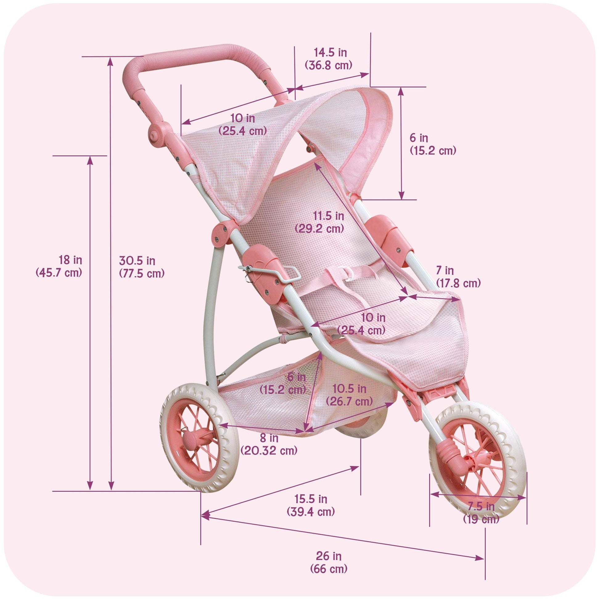 Badger Basket Foldable Jogging Style Doll Stroller - Adjustable Handle, Canopy, Straps & Basket - Fits 18-22" Dolls, Lightweight Toy for Girls Ages 3+