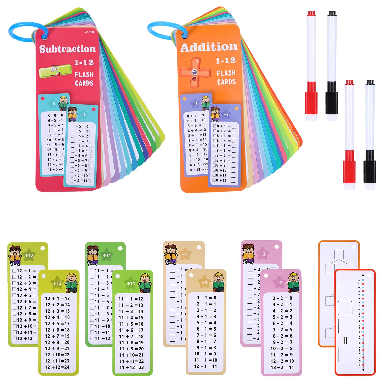 30PCS Reusable Addition and Subtraction Flash Cards with 4 Dry Erase Pens 2 Rings,Math Flash Cards for 1st to 3rd Grades,Math Games for Classroom