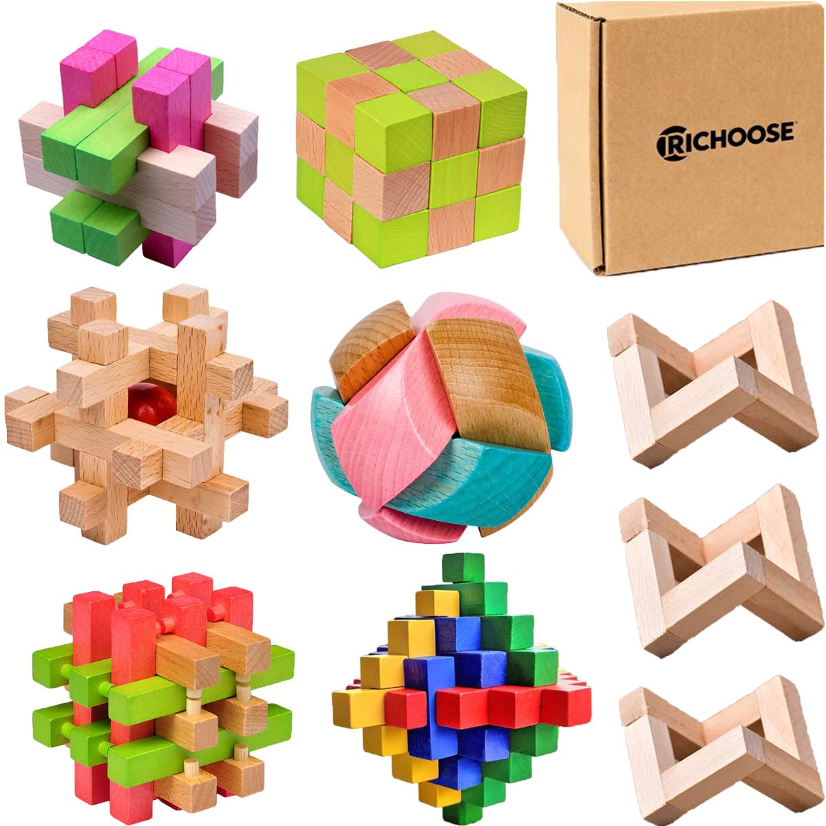 RICHOOSE Wooden Brain Teaser Puzzles for Adults, 6PCS Coffee Table Puzzle Games with Display Stands, Challenging 3D Wood Puzzles for Teens to Seniors