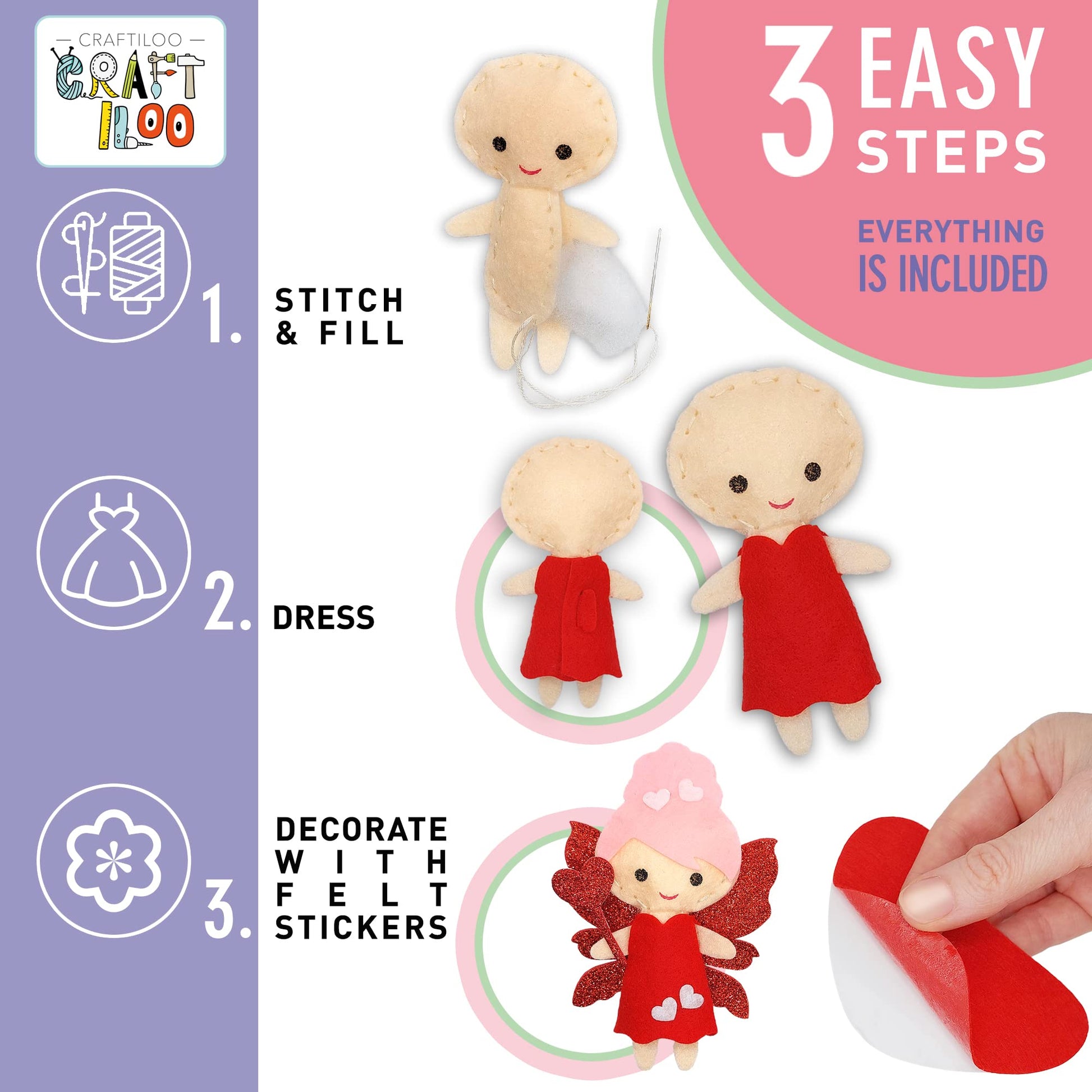 CRAFTILOO Fairy Sewing Kit for Kids Ages 5-12 - Beginner Sewing Kit with 5 Pre-Cut Felt Projects - Make Your Own Stuffed Animal Plush Dolls - Fun