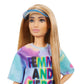 Barbie Fashionistas Doll, Petite, with Light Brown Hair Wearing Tie-Dye T-Shirt Dress, White Shoes & Visor, Toy for Kids 3 to 8 Years Old