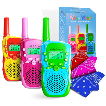Waka Waka Walkie Talkies for Kids (3 Pack, Yellow, Red, Green) - Long Range Two-Way Walkie Talkie Set with Bandanas and Whistles Included - Great for