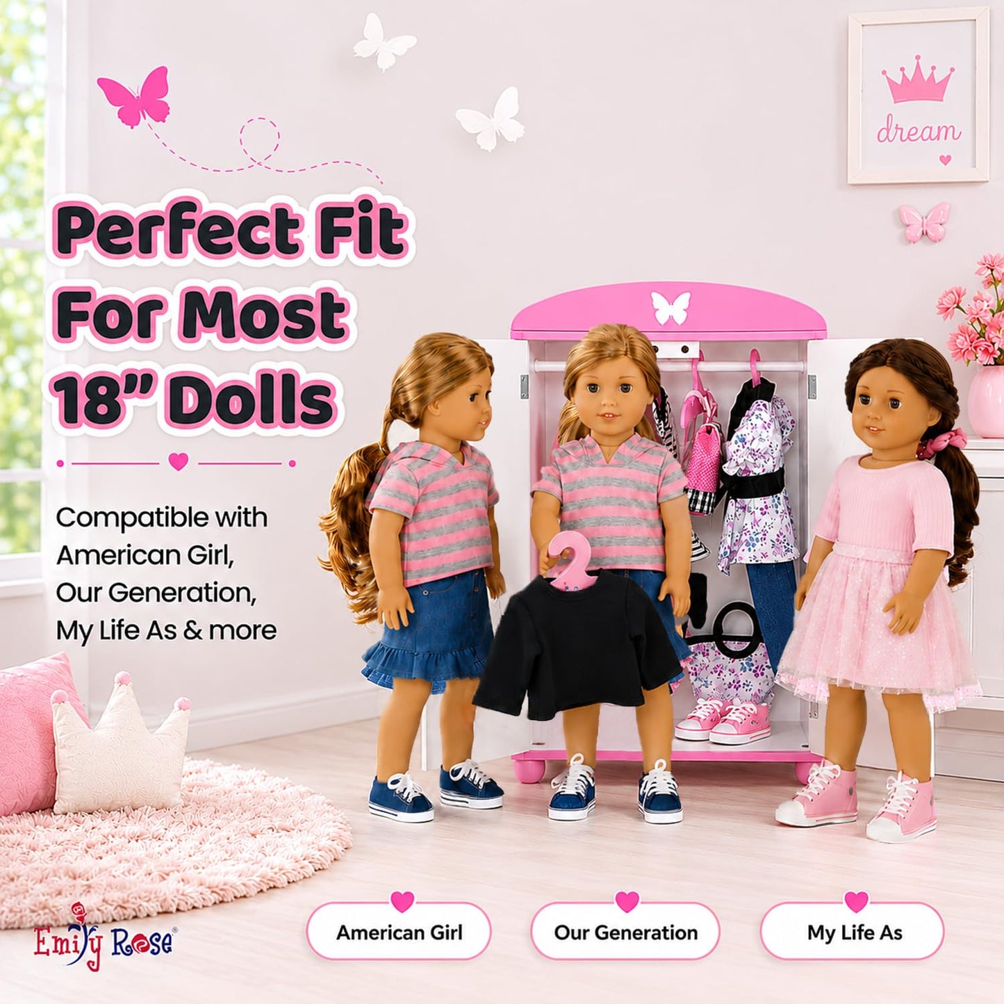 Emily Rose 18 Inch Doll Clothes Storage Closet w/5 Notched Hangers - Pink