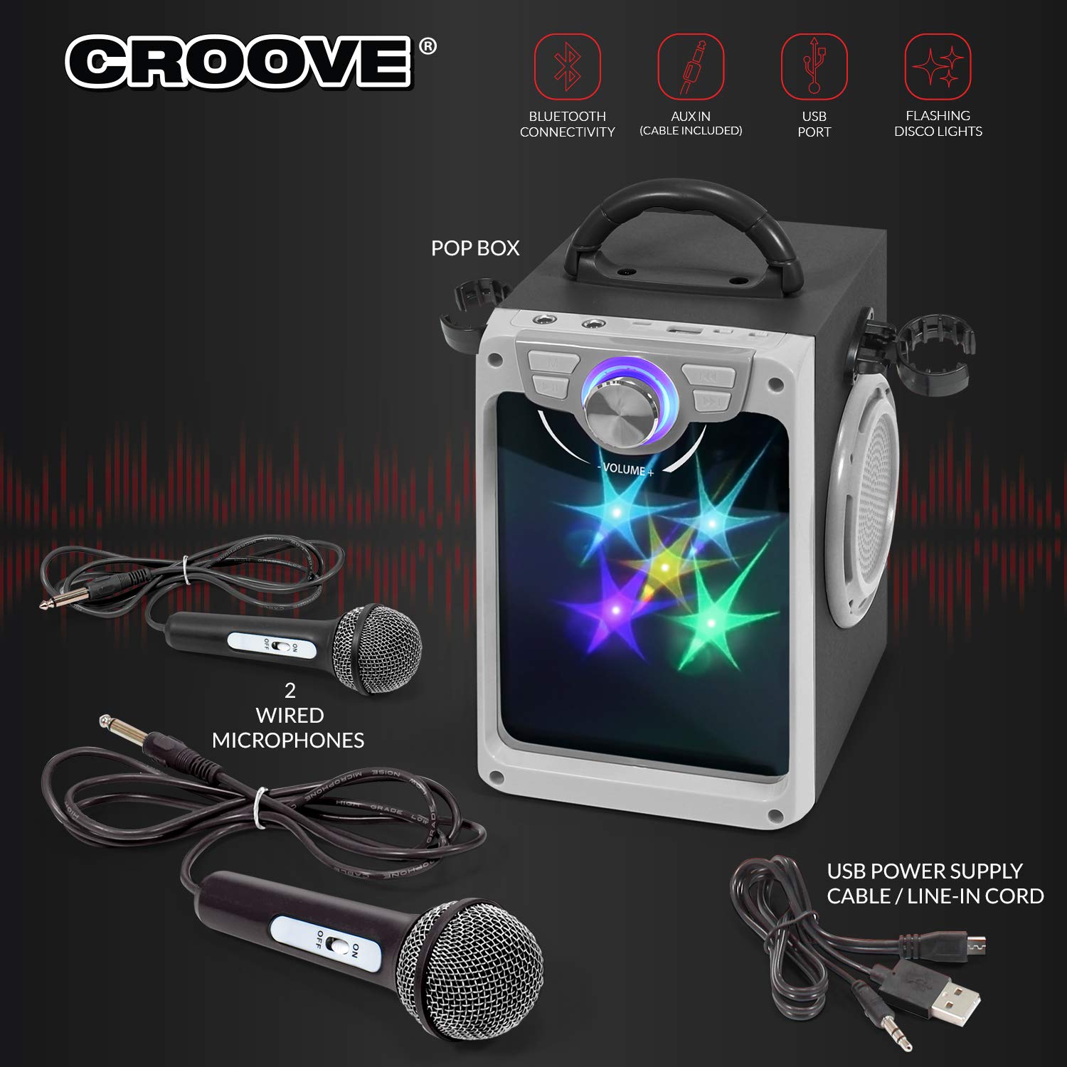Croove Rechargeable Karaoke Machine For Kids - Incl. 2 Microphones with Flashing Disco Lights, Bluetooth, AUX & USB Ports Singing Machine for