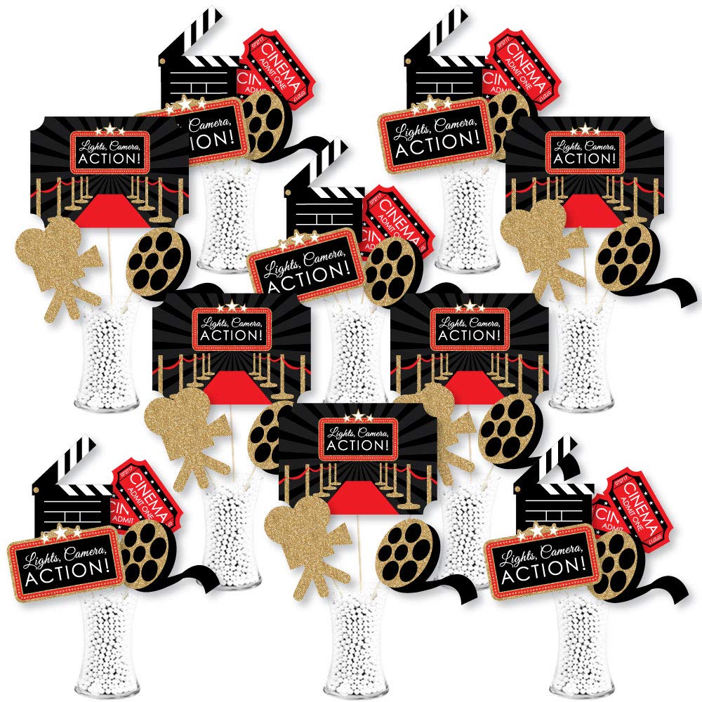 Big Dot of Happiness Red Carpet Movie Night - Premium Table Centerpiece Set, Double-Sided Printed Cardstock Toppers, Celebration Decor Kit - 35 Pieces