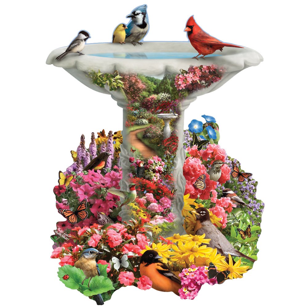 Bits and Pieces - 750 Piece Jigsaw Puzzle for Adults - Garden Birdbath, Busy Bird Fountain - by Artist Alan Giana, Completed Puzzle Size: 20" x 27"