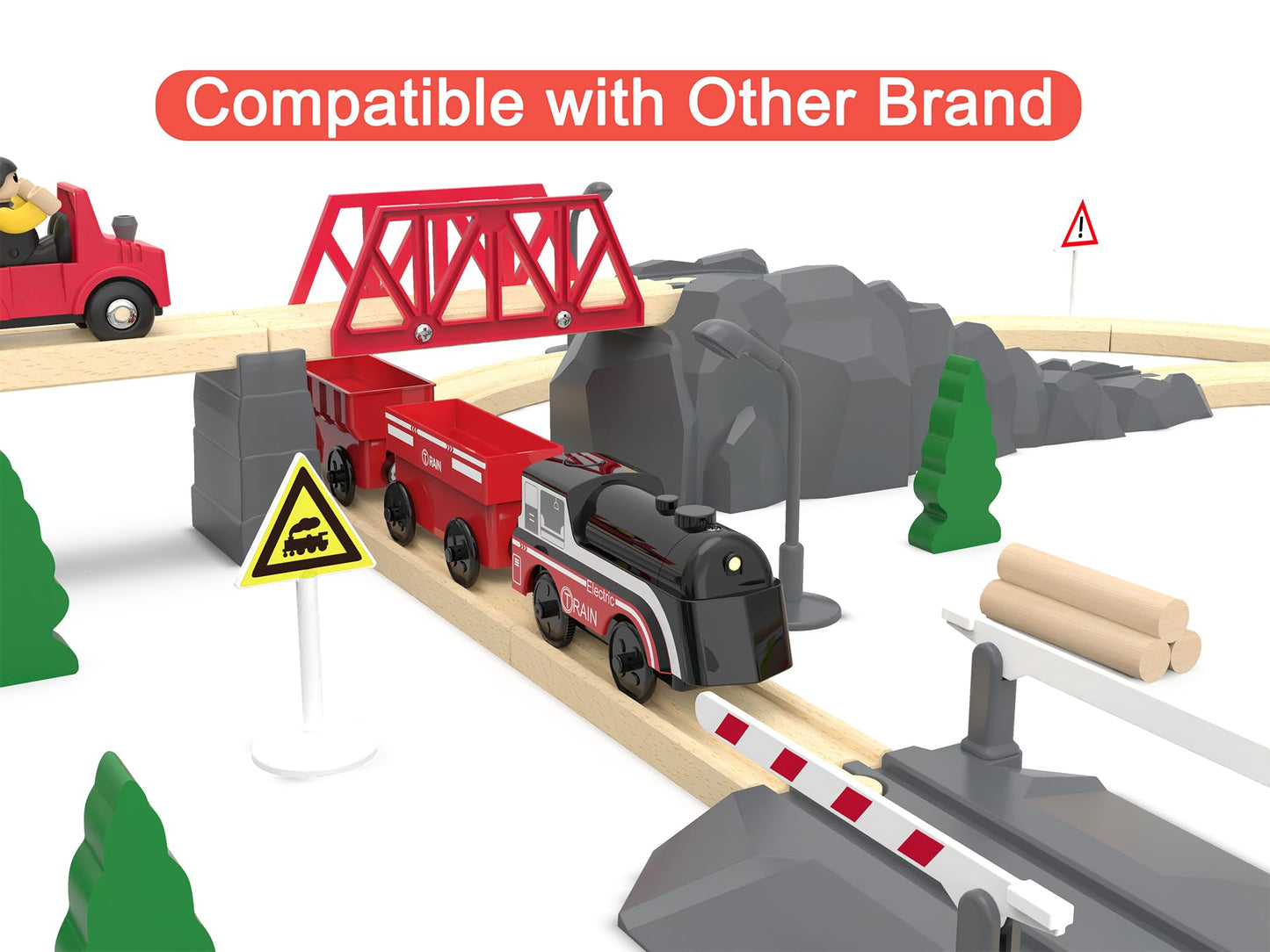 Battery Operated Train for Wooden Track, Motorized Train for Toddlers 3+ Years Old, 3Pcs Trains Toy Set Electric Trains Compatible with Thomas, Brio