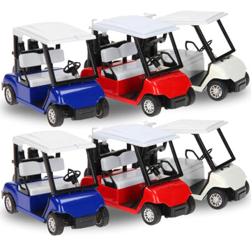 6 Pack: Diecast Golf Carts Toy with Clubs, Alloy Metal Mini Model 1:20 Scale Golfcart Pullback Vehicles for Golfing Themed Office Desk Decor, Bulk