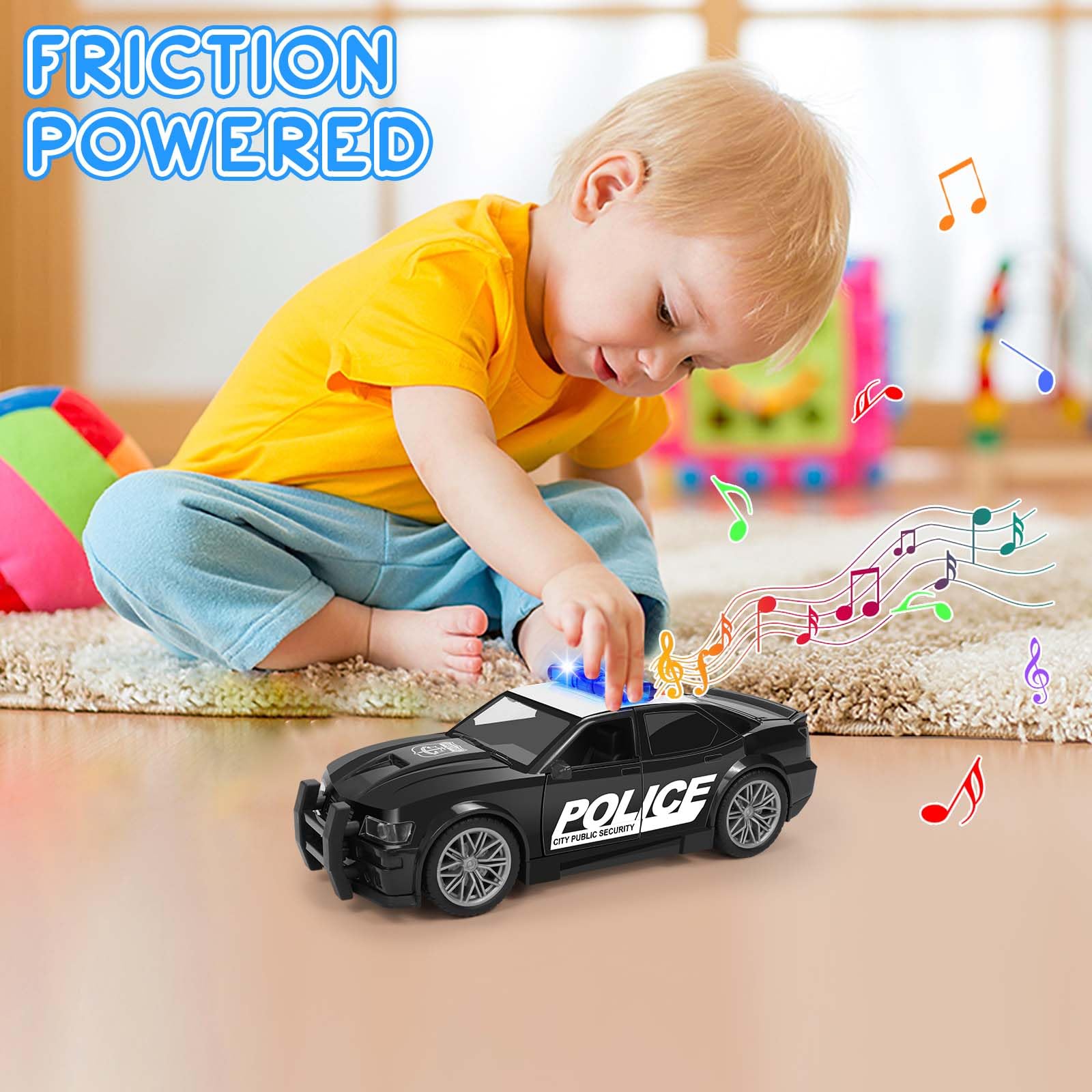 Police Car Toys for Boys 3-5 4-8 With 3 Different Flashing Lights & Sound, Side Doors Open Friction-Powered Wheels Pursuit Rescue Vehicle Light Up Toy