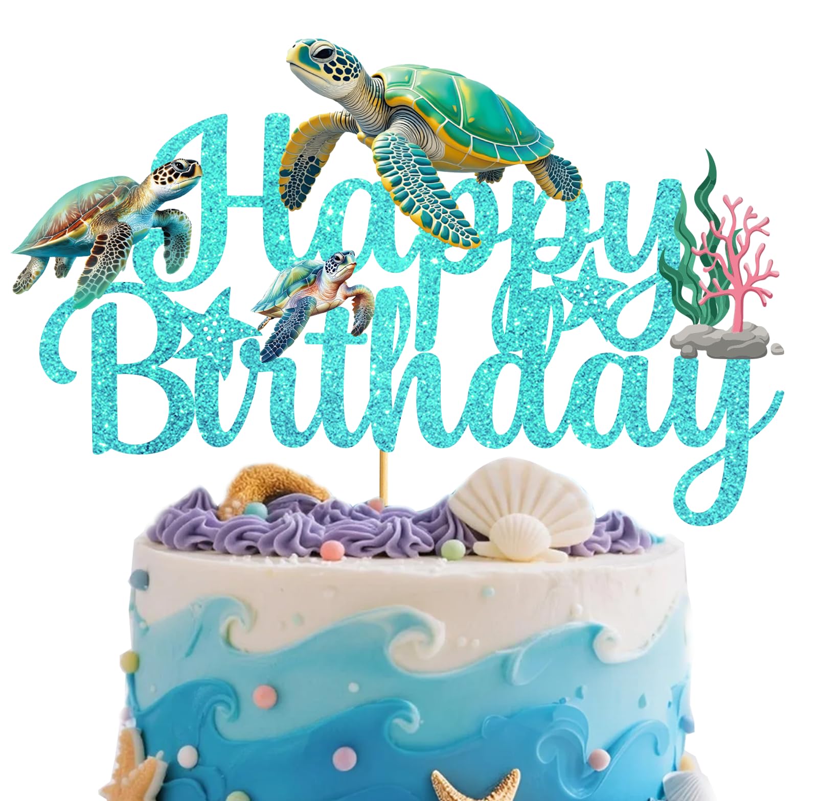 Sea Turtle Cake Topper Blue Glitter Sea Turtle Birthday Decorations Under the Sea Ocean Cake Decorations