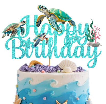 Sea Turtle Cake Topper Blue Glitter Sea Turtle Birthday Decorations Under the Sea Ocean Cake Decorations