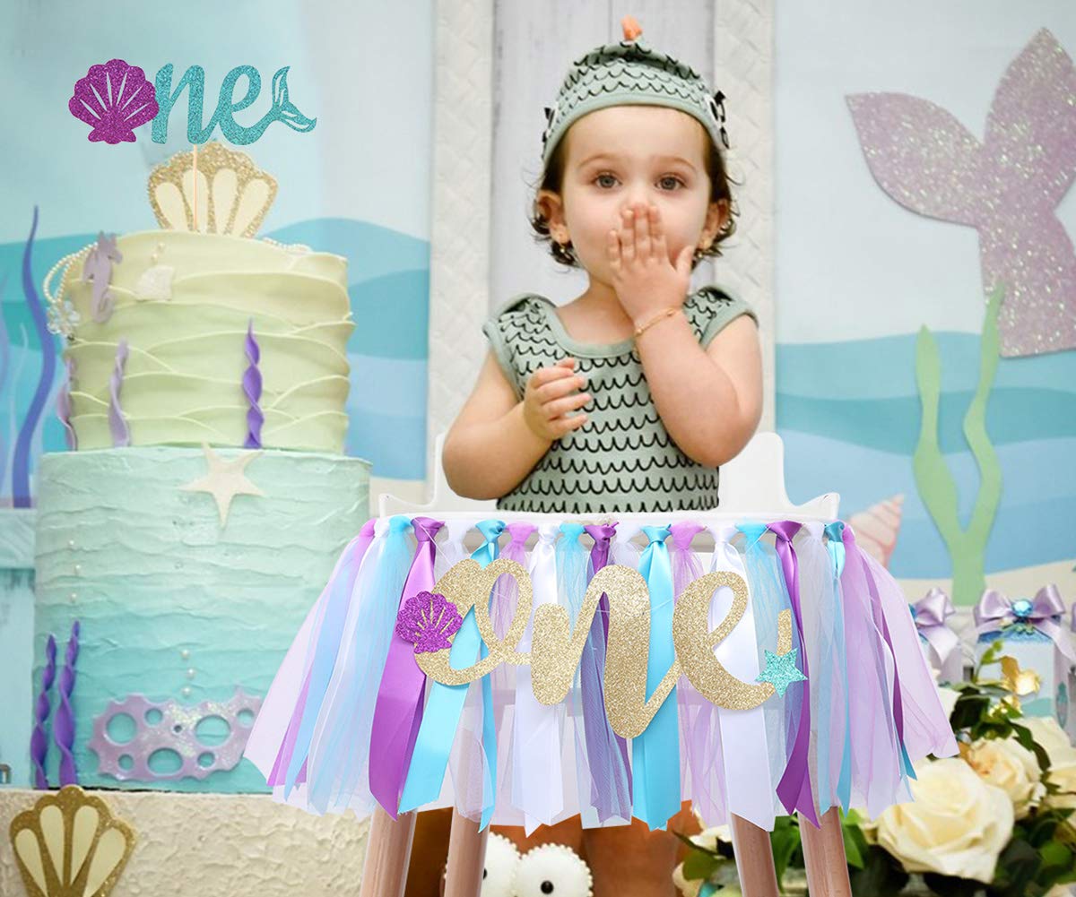 Mermaid Skirt For 1st Birthday - Party Supplies For Highchair Tutu Skirt, First Birthday With One Pennant,Cake Topper For Birthday Party Supplies