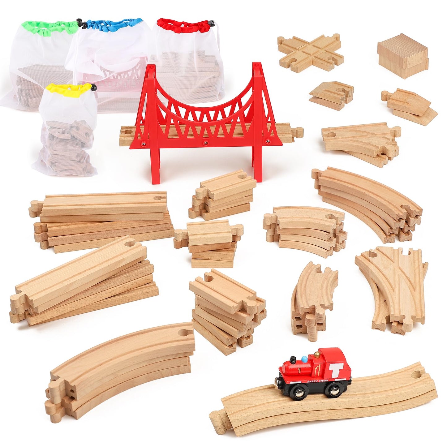 WudBudz Wooden Train Tracks 60 Piece Set, Track Expansion Accessories for Toddlers 3-5 - 100% Compatible with All Major Brands Including Thomas & Brio