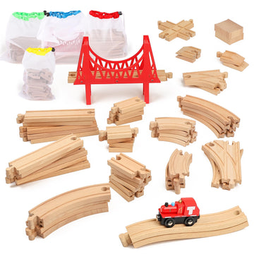 WudBudz Wooden Train Tracks 60 Piece Set, Track Expansion Accessories for Toddlers 3-5 - 100% Compatible with All Major Brands Including Thomas & Brio
