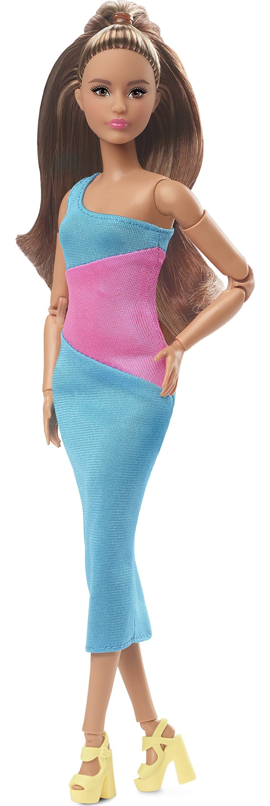 Barbie Looks Fashion Doll with Brown Hair Wearing One-Shoulder Pink & Blue Midi Dress, Collectible with Posable Made to Move Body