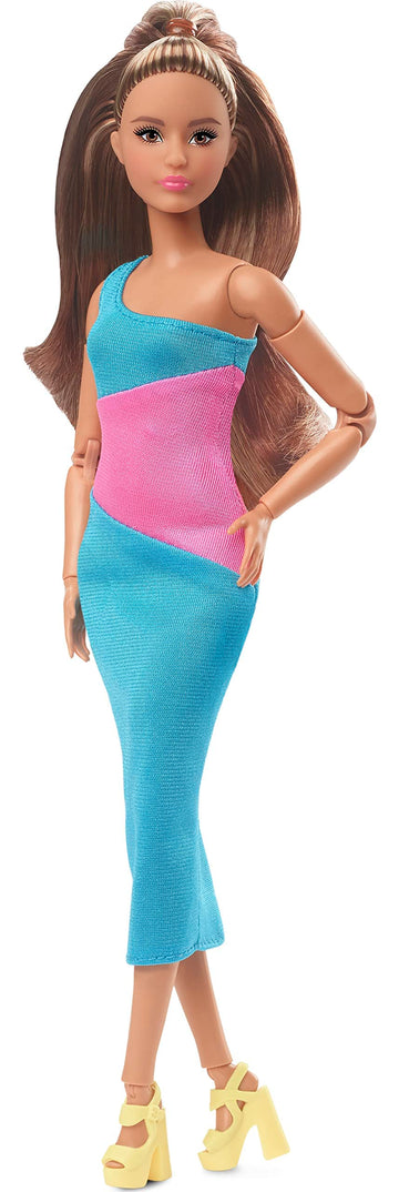 Barbie Looks Fashion Doll with Brown Hair Wearing One-Shoulder Pink & Blue Midi Dress, Collectible with Posable Made to Move Body