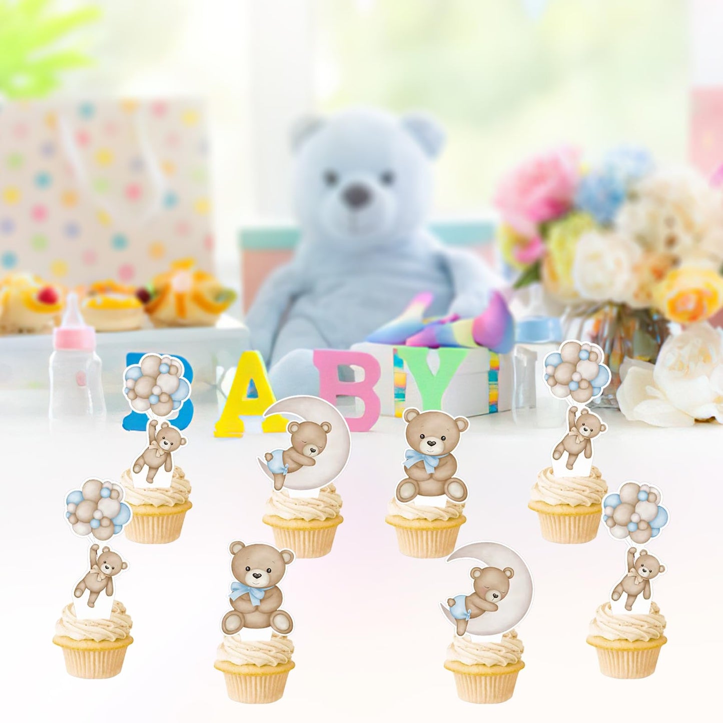 48Pcs Teddy Bear Cucpcake Toppers Baby Shower Baby Bear Cake Decorations Little Bear Cupcake Topper for Bear Theme Baby Shower Birthday Supplies