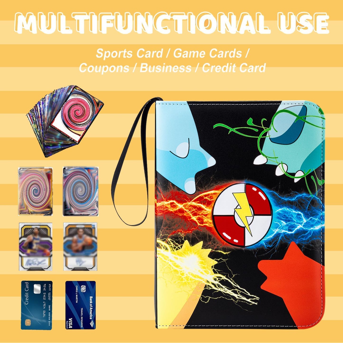 Trading Card Binder 4 Pocket, Holds 400 Cards with 50 Removable Sleeves, PU material and Waterproof,3 Ring Zipper Card Binder, Card Album for TCG