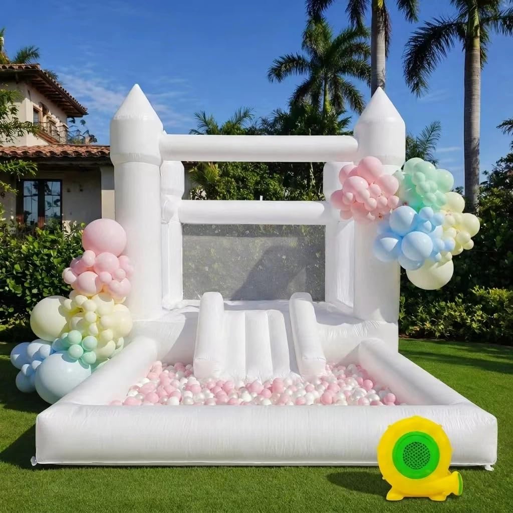 Inflatable White Bounce House Castle - Durable Oxford Material Jumping Bouncer with Blower, Perfect for Kids Birthday Party Indoor & Outdoor(12' L X