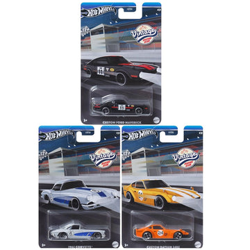 Hot Wheels 2024 Vintage Racing Club - 3?Pack (HRT81?956B) | 1962 Corvette, Custom Ford Maverick & Custom Datsun 240Z | 1:64 Die?Cast Collector Cars