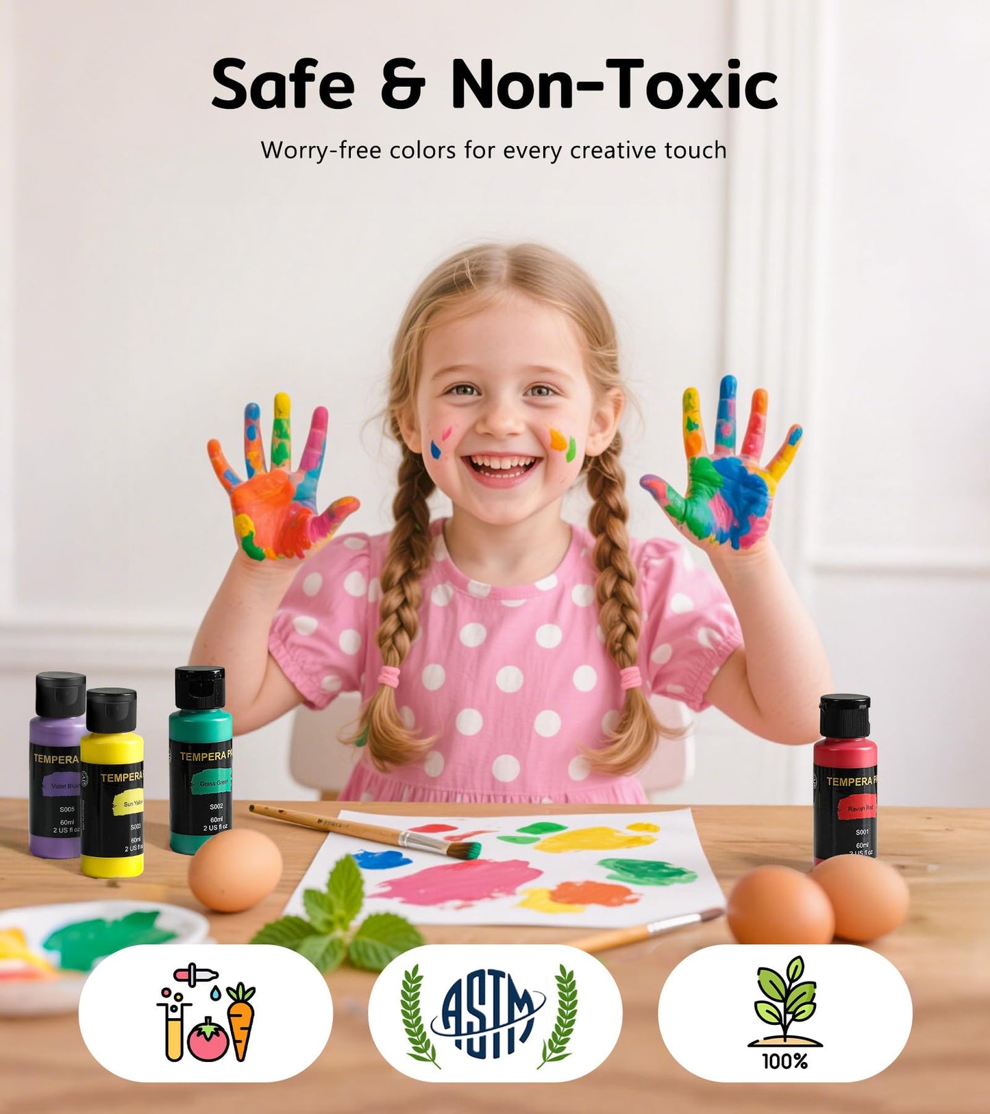 TMOL Washable Paint for Kids 42 Colors,Non-Toxic, Safe & Washable for Toddlers, Tempera Paint with Brushes, Palette & Bucket, School Project Art