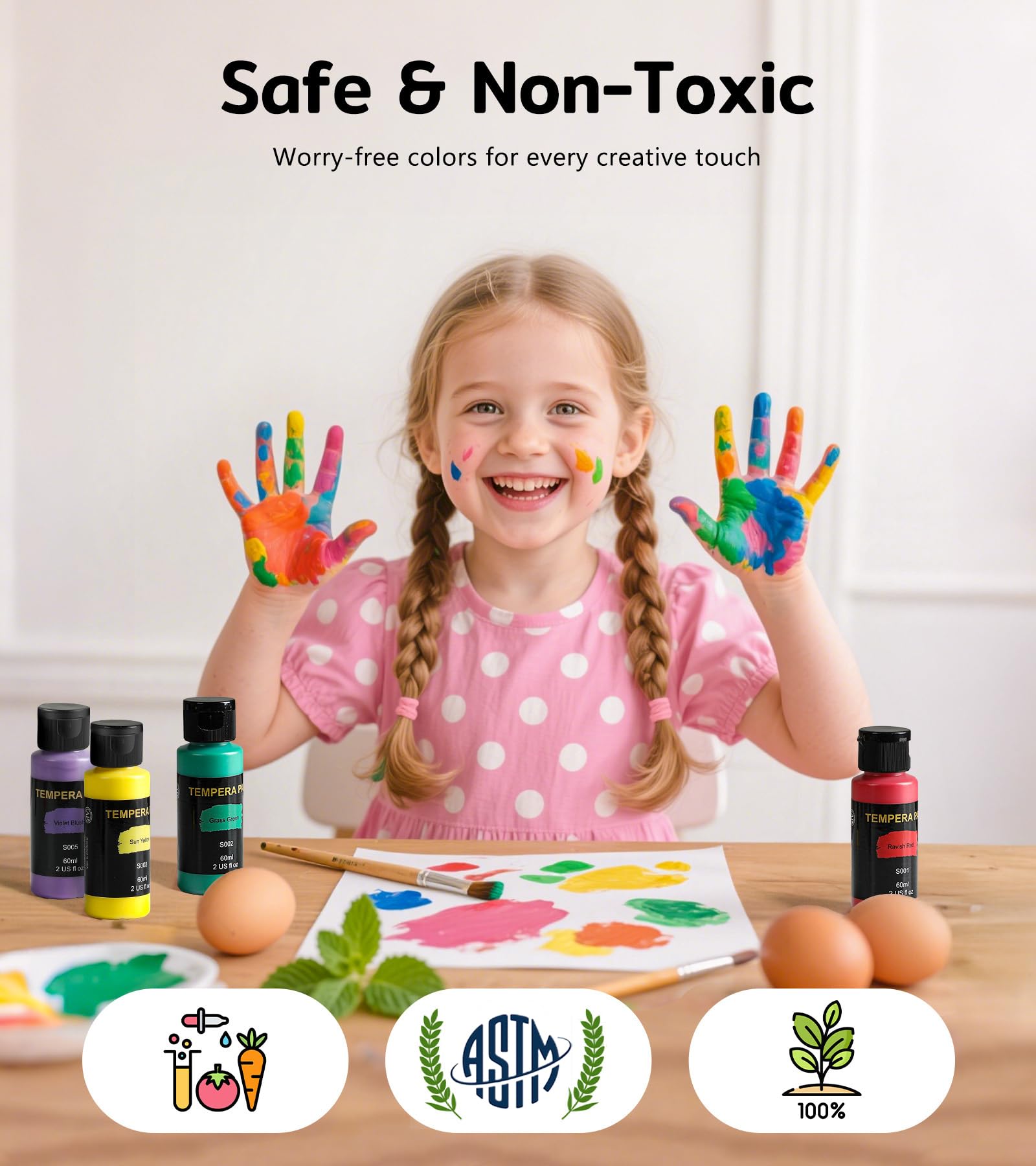 TMOL Washable Paint for Kids 42 Colors,Non-Toxic, Safe & Washable for Toddlers, Tempera Paint with Brushes, Palette & Bucket, School Project Art