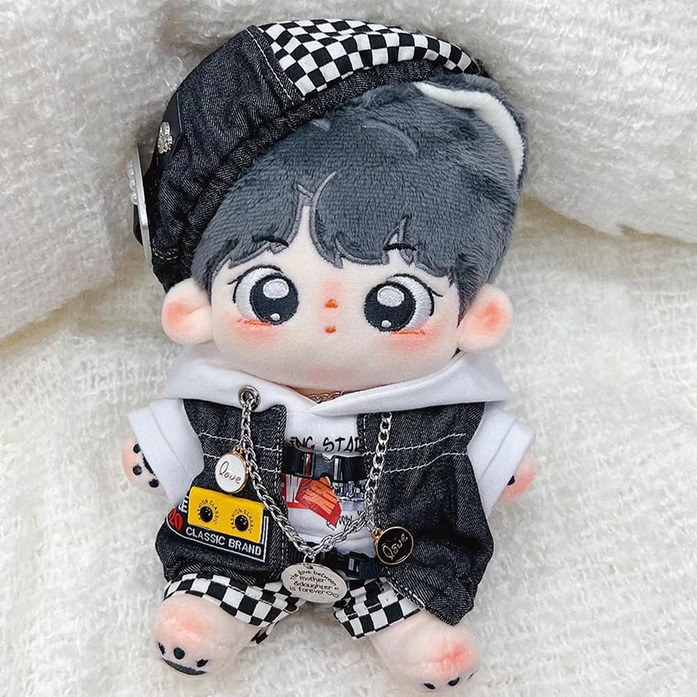 niannyyhouse 20cm Plush Doll Clothes Black and White Mist Set Beret Hoodie Pants Glasses Vest Shoes Soft Stuffed Plush Toy Dress Up (20cm)