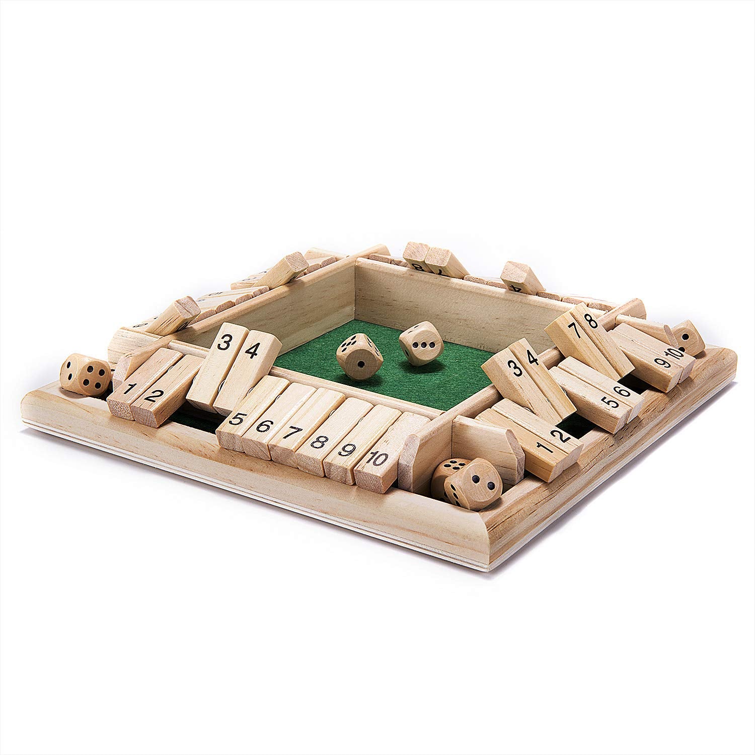 AMEROUS 1-4 Players Shut The Box Dice Game,Classic 4 Sided Wooden Board Game with 10 Dice and Instructions for Kids Adults, Tabletop Version