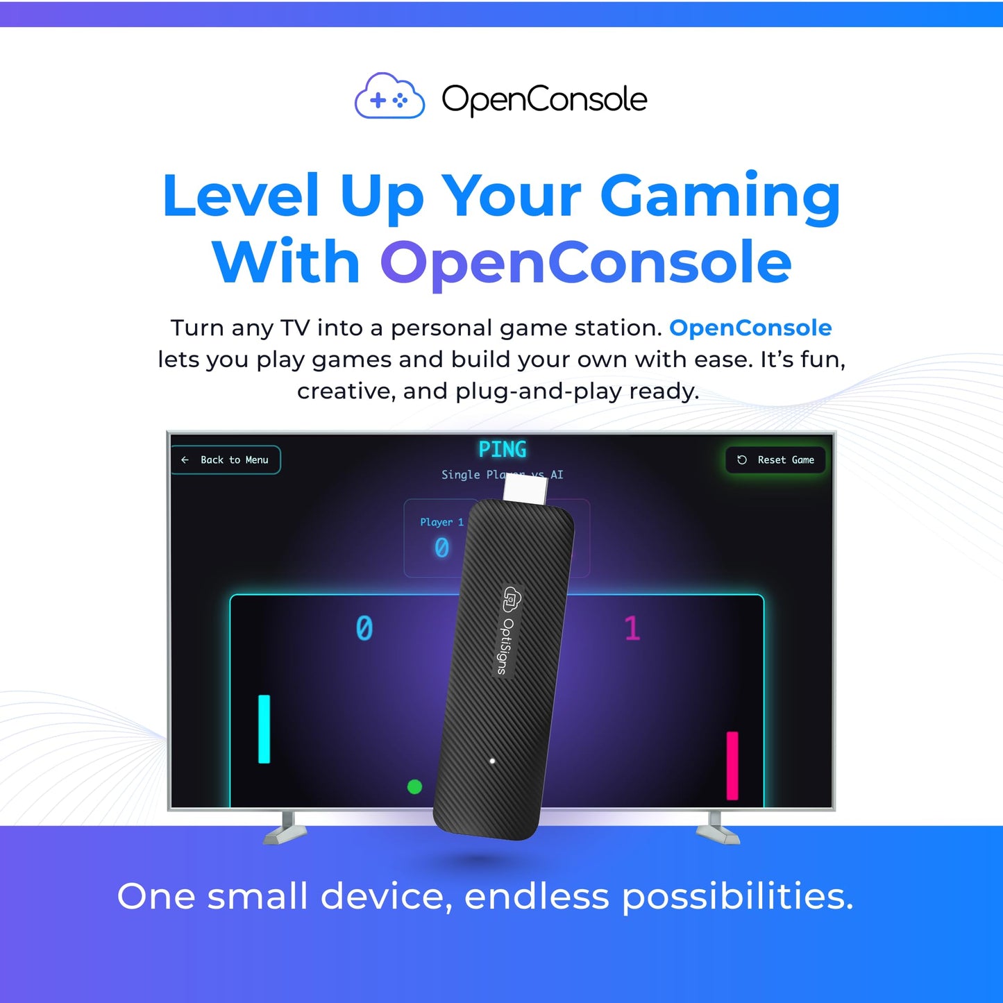 OptiSigns OpenConsole Plug and Play Game Console Stick with Wireless Controller - Android-Based HDMI Game System for Playing and Creating Games on
