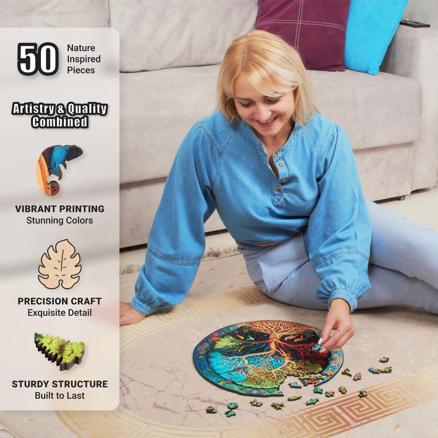 LEOGOR Wooden Jigsaw Puzzles for Adults 500 Pieces (17.8 x 18 in), Extra-Thick 5mm Wood, Large Round Tree of Life Puzzle with Unique Nature Inspired