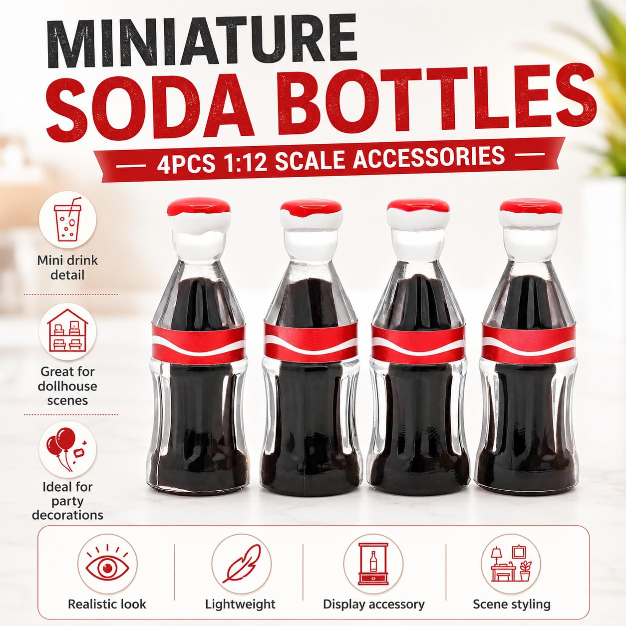 4Pcs Miniature Soda Bottles, 1:12 Scale Accessories, Suitable for Party Decorations