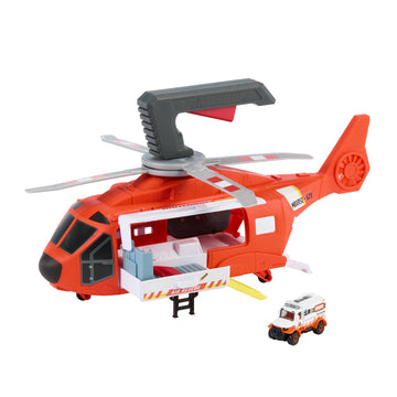 Matchbox Emergency Helicopter Vehicle & Game Set, Large 16" Helicopter Transformable to Rescue Station, Hand Operated Propellers, with 1/64 Scale