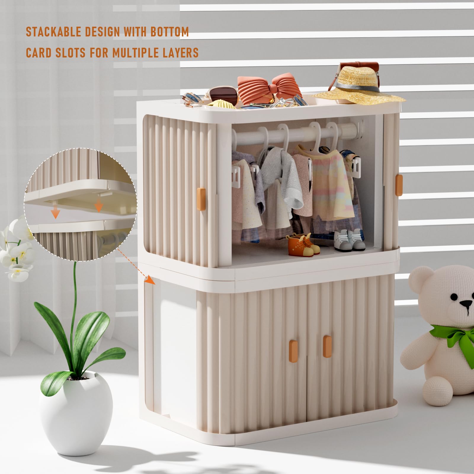 Creproly Doll Wardrobe Storage Box, Foldable Doll Closet with 10 Hangers and Rod for 15/17cm Doll Clothes Stackable Organizer Cabinet