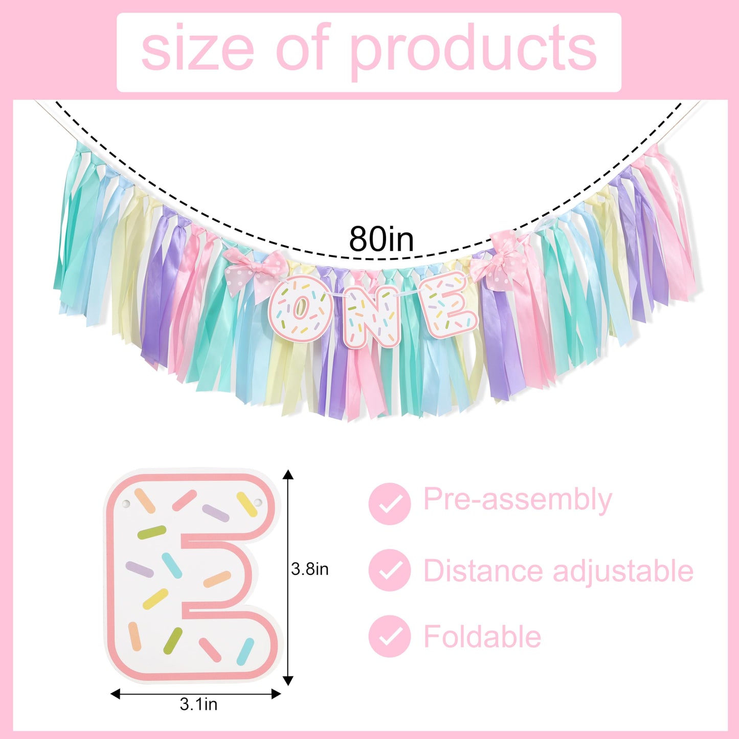 Donut 1 Years Old Birthday Banner - Sweet One Birthday Party Decorations, Soft Ribbon Ballet Skirt Set, Rainbow High Chair Garland, Sweet One Year