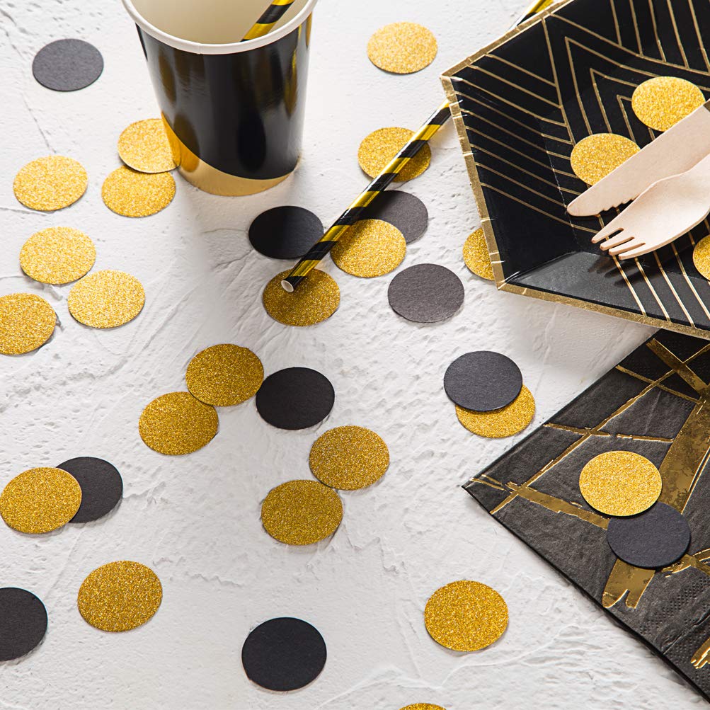 MOWO Gold Glitter and Black Confetti Circle Table Decoration, 1.2", 200pc