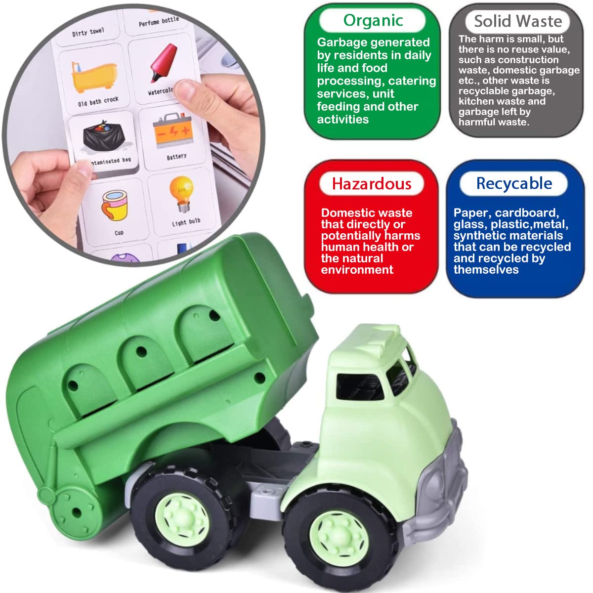 Liberty Imports Big Plastic Garbage Truck Toy, Waste Management Recycling Green Dump Vehicle with 4 Trash Cans and Recycle Sorting Cards for Little