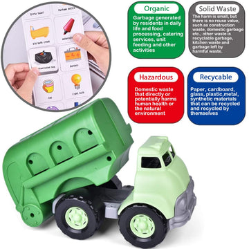 Liberty Imports Big Plastic Garbage Truck Toy, Waste Management Recycling Green Dump Vehicle with 4 Trash Cans and Recycle Sorting Cards for Little