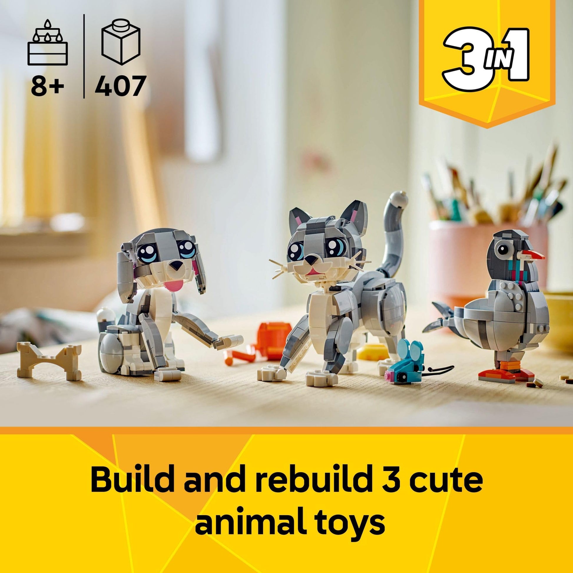 LEGO Creator 3 in 1 Playful Cat Toy - Building Toy with 3 Building Options, Cat, Dog, or Pigeon - Birthday Gift for Kids - Animal Figures for Kids