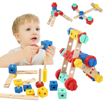 LOVELAND Wooden Nut & Bolt Building Toy for Kids Montessori STEM Construction Set with Tools, Educational Building Blocks for Toddlers Ages 3+ (Boys