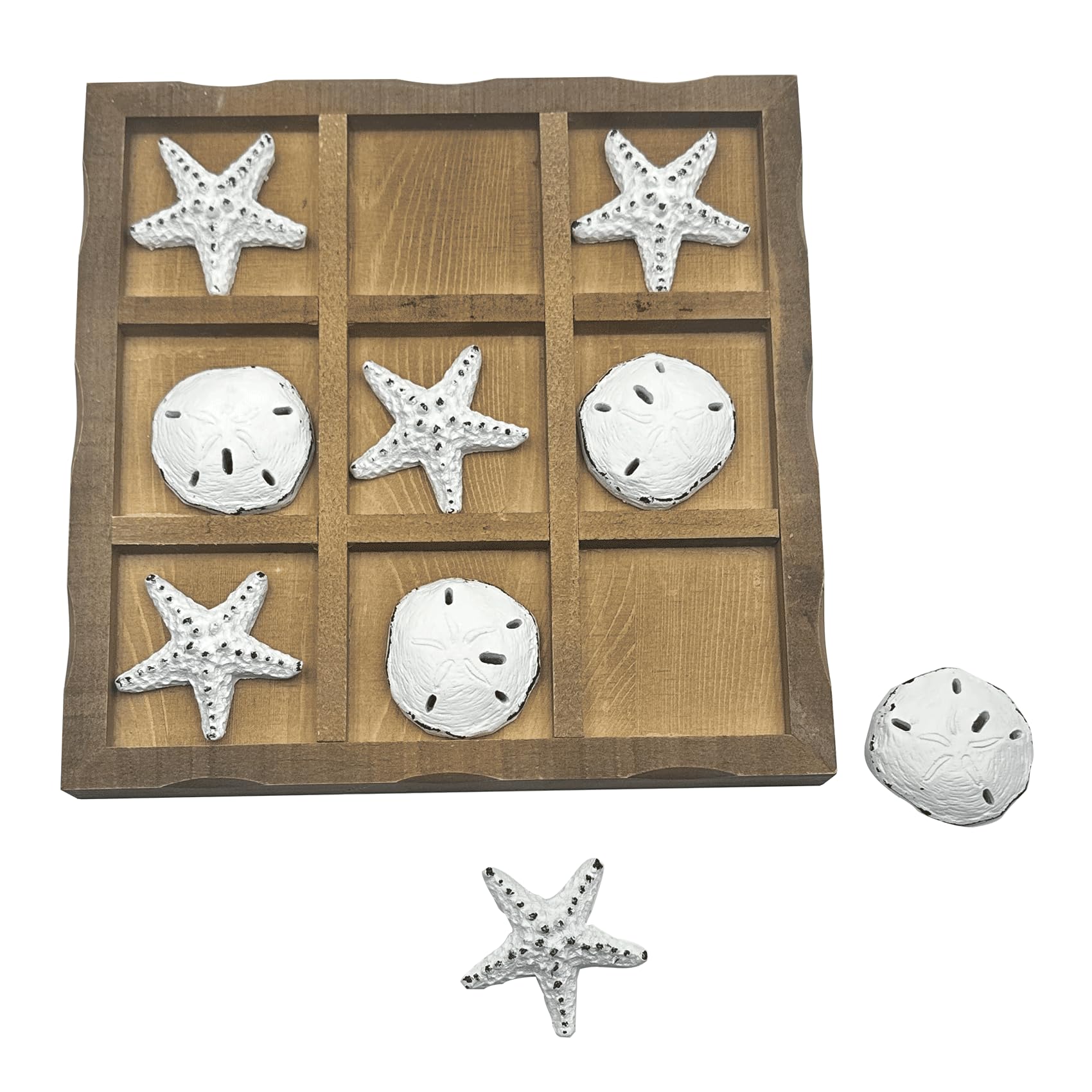 Wowme Wooden Tic - Tac - Toe Beach Game Board with Sand Dollars & Starfish - Perfect for Family & Party Fun
